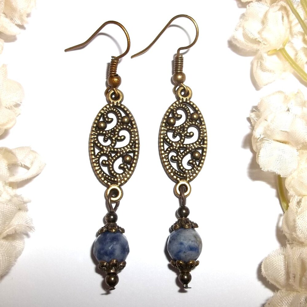 Boho Earrings Brown Bronze Blue Sodalite Jewelry Set Dangle Drop Gemstone C761